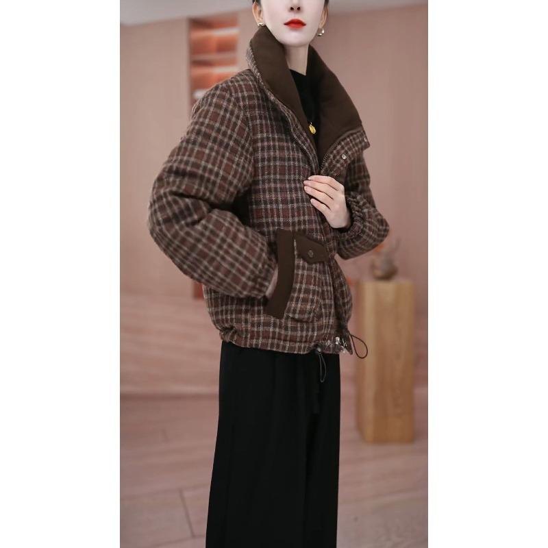 Thickened Warm Winter Plaid Cotton Jacket for Women Loose Casual Slimming Versatile Basic Outerwear Padded Coat