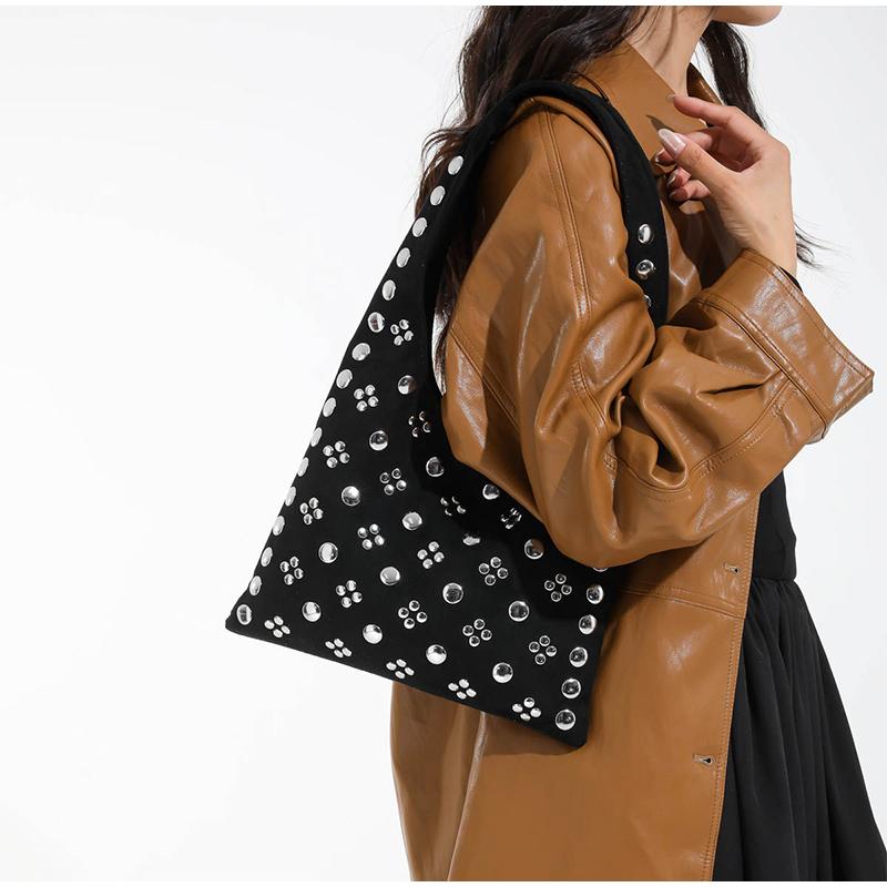 European American Fashion Tote Bags Stylish Shoulder Bags With Studs Dots New Suede Handbags Versatile Solid Color Commuter Bags