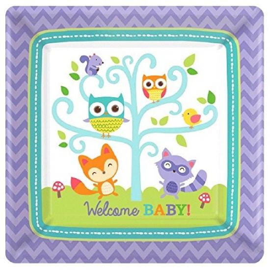 Woodland Welcome Square Dessert Plates - 8 Pack, 7 Inch, Gender-Neutral Baby Shower Party Supplies
