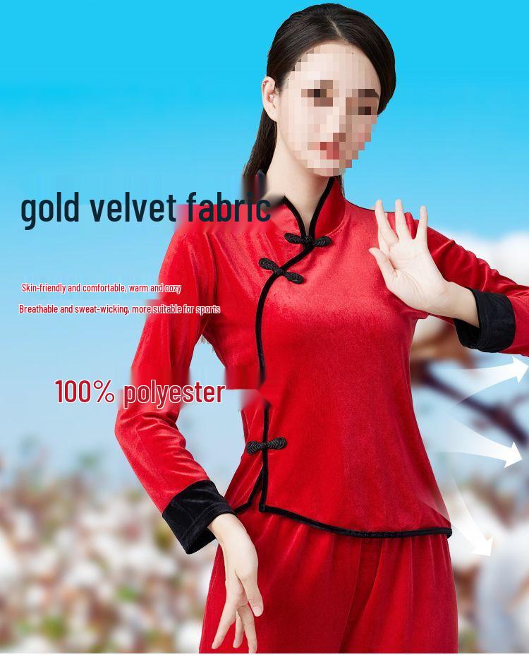 Gold Velvet Team Dance Set: Autumn/Winter Thick Long Sleeve Top & Pants