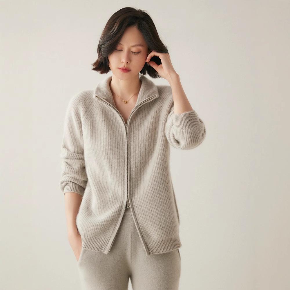Women's Long Sleeve Cashmere Knit Zipper Cardigan - Cozy Lapel Sweater Outerwear