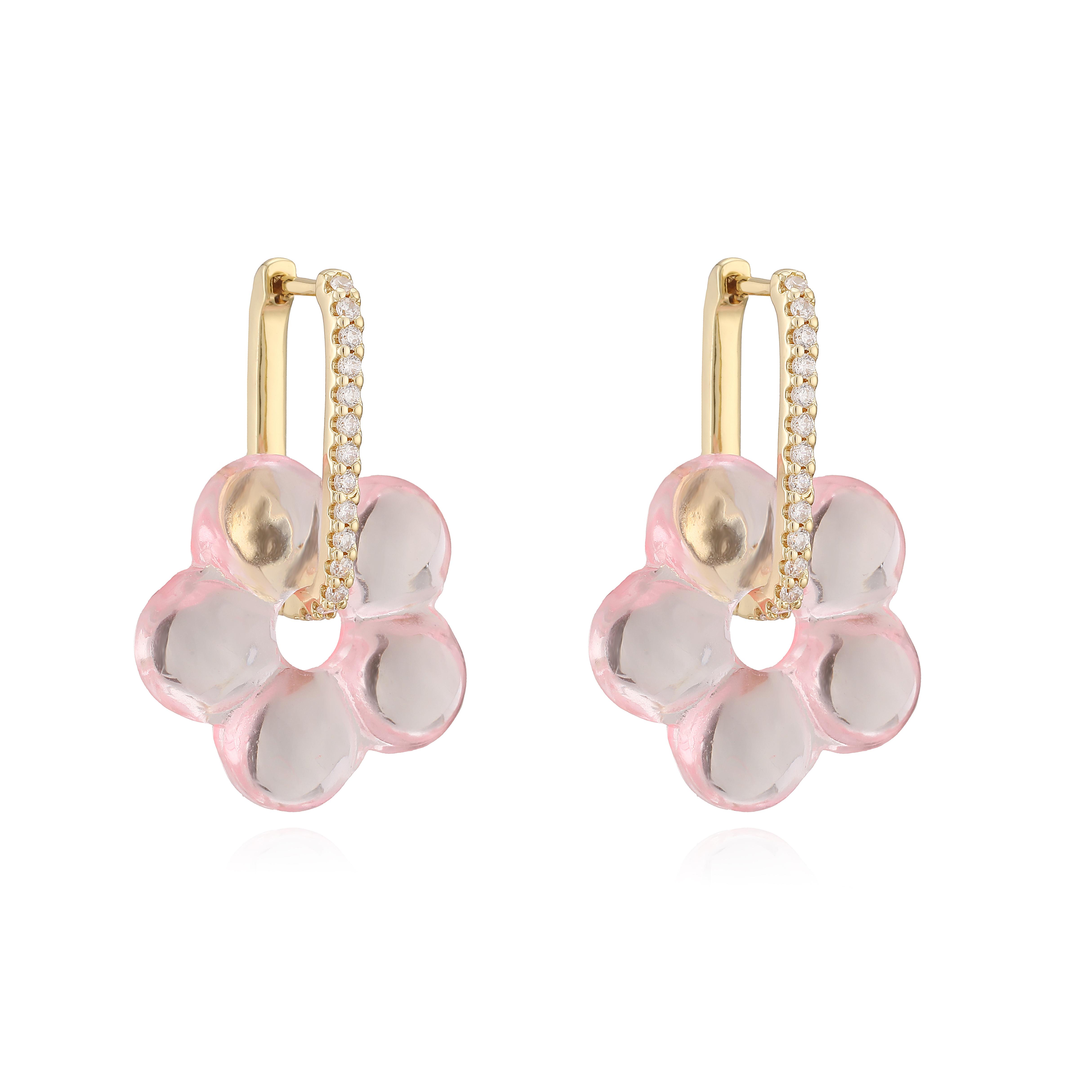 

HECHENG,Multicolored Stone Glass Material Floral Hoop Earrings Oriental Aesthetic Vintage Elegance Women s Zircon (1 Pair)