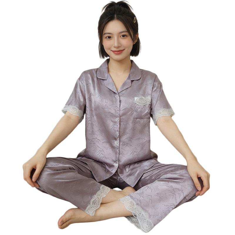 Light Luxury Style Ice Silk Girl Pajamas Summer Short Sleeves Trousers Cool Jacquard Lace Lace Loungewear