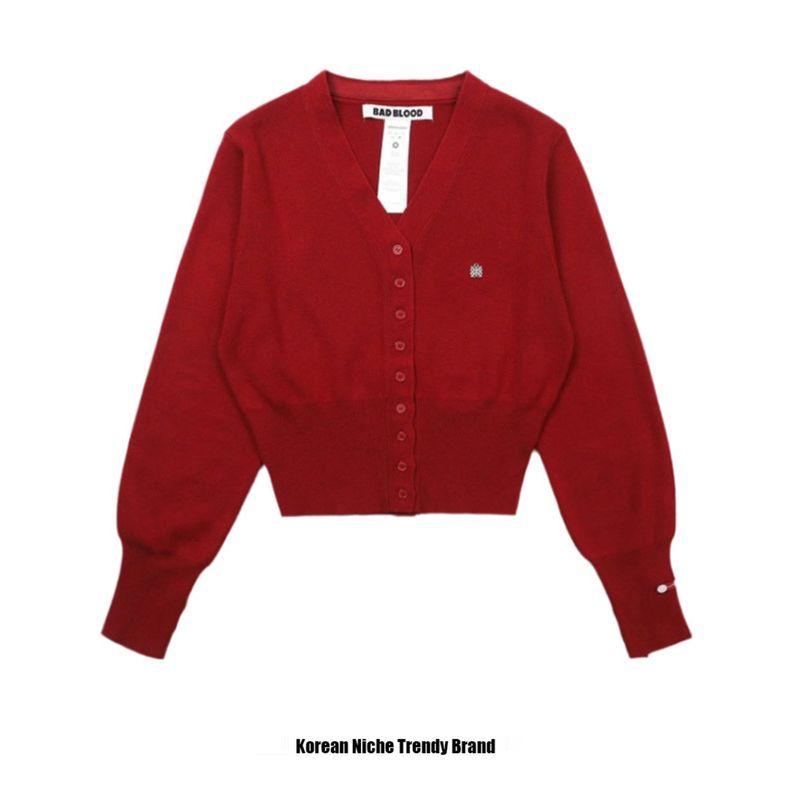 

Badblood South Korea Autumn and Winter American Retro Red Knitting Cardigan Outer Match Short Sexy Knitting Sweater Outwear Black [V Neck button Cardigan]] S