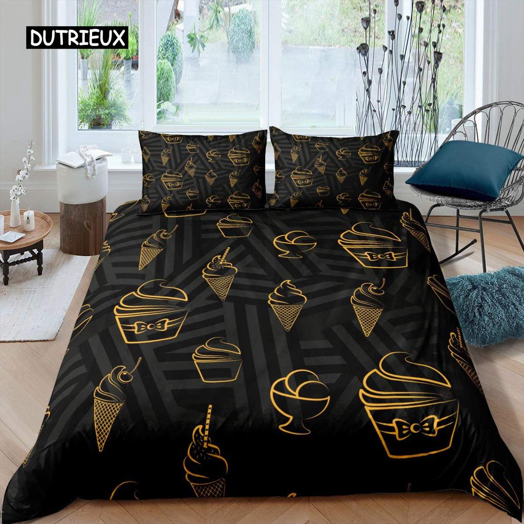 Ice Cream Duvet Cover Set Colourful Cartoon Cup Cake Cherry Lemon Fruit Bedding Set Summer Vacation Style Soft Comforter Cover