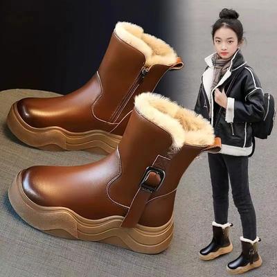PU kůže Zimní boty pro dívky Silné teplé Dívčí plyšové boty Faux fur Bavlněné boty pro děti Vodotěsné sněhule