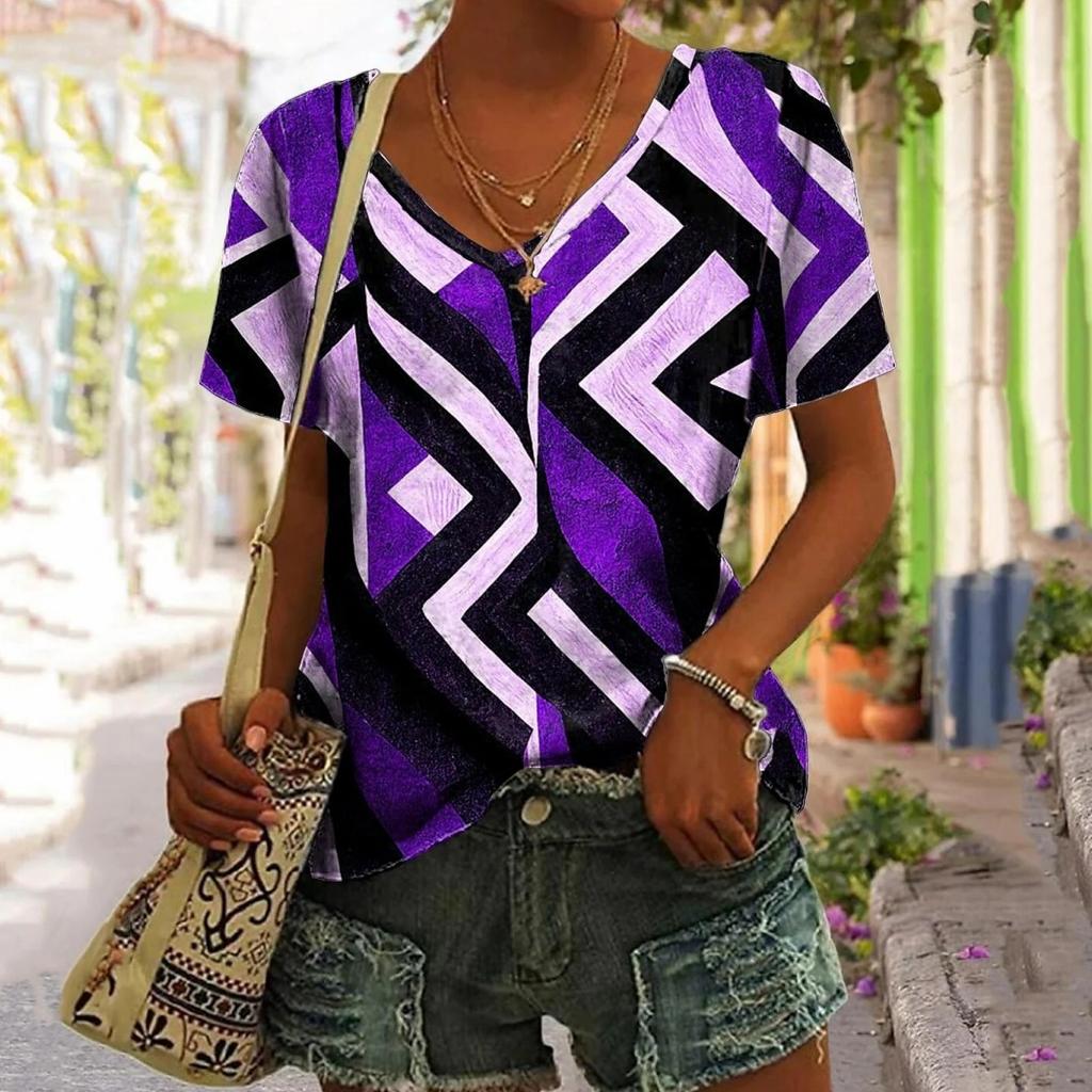 Women's T-shirt Summer Outdoor Casual V-neck Short Sleeve Tops Classic Printed Patterns Large OverSize Loose Women's Clothing