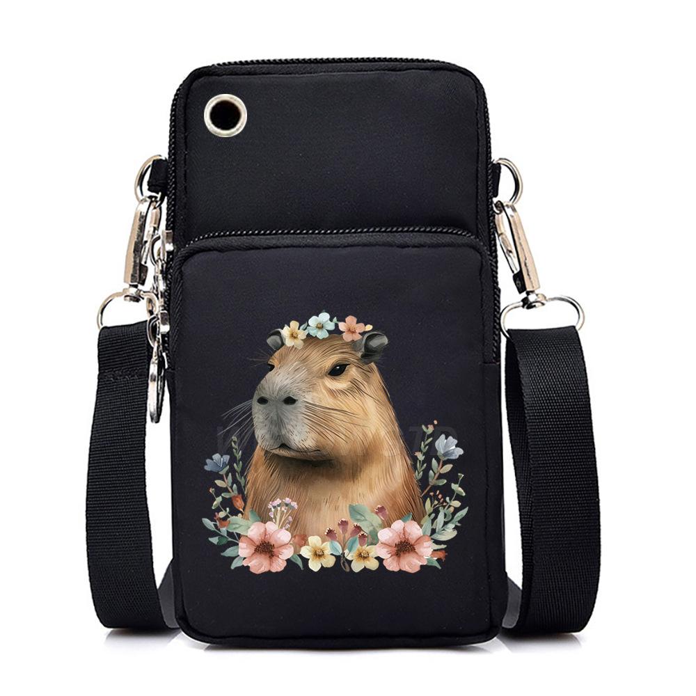 Multifunctional vertical black shoulder bag printed cartoon casual men's and women's portable mobile phone bag messenger bag