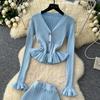 Two Piece Business Set Women Outfits Long Sleeve Tunic Cropped Cardigan High Waist Bodycon Fishtail Skirt Suit Fashion Knitted Sweater Suit