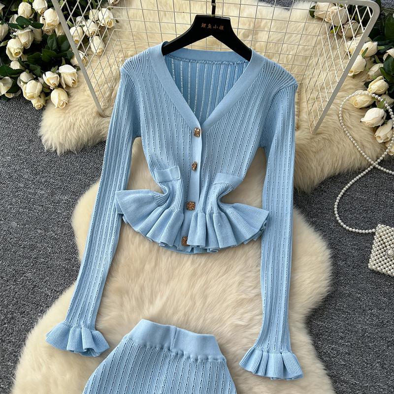 Dvoudílný business set dámské outfity tunika s dlouhým rukávem zkrácený kardigan sukně s vysokým pasem bodycon rybí ocas oblek módní pletený svetrový oblek