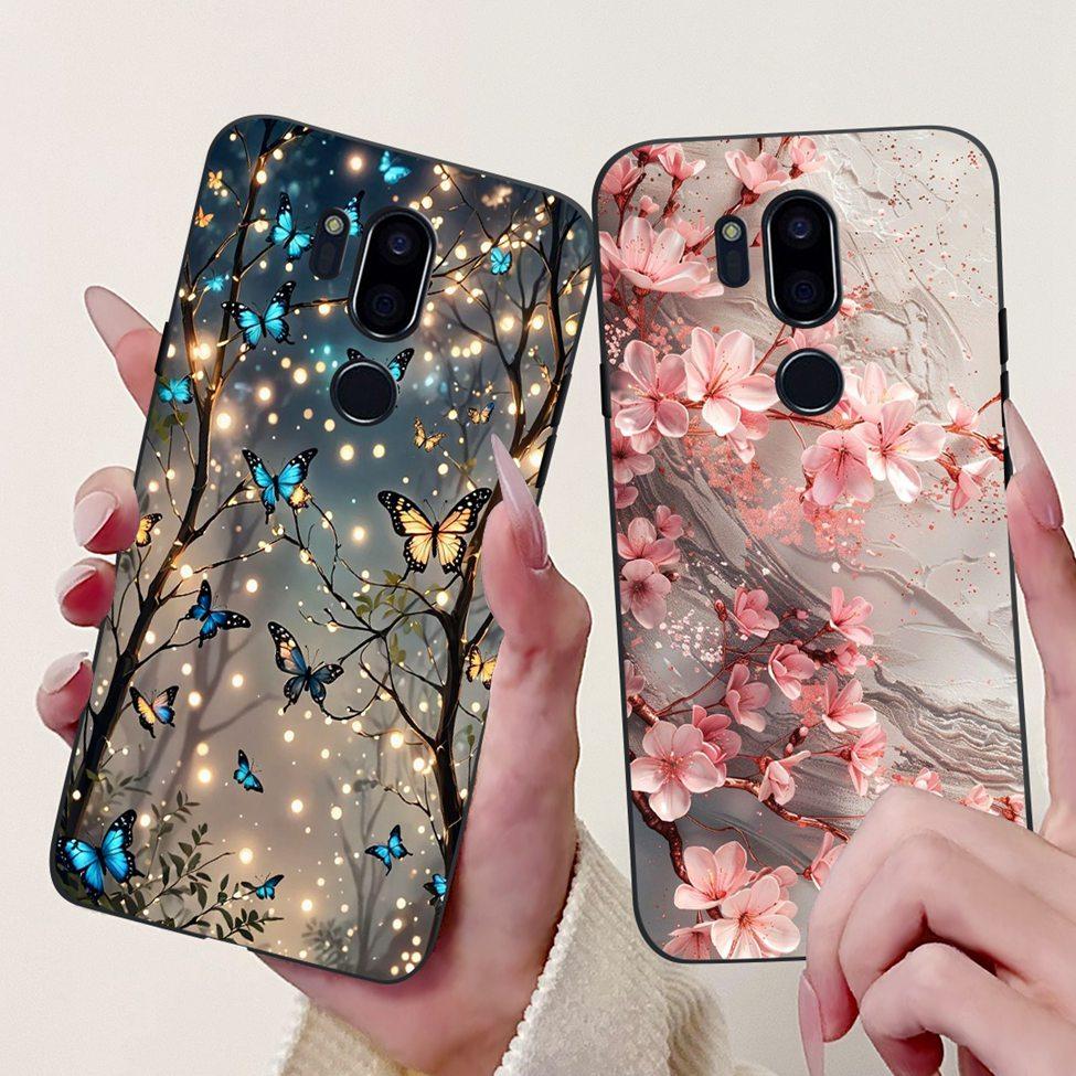 Para LG G7 ThinQ Funda Silicona Negra Gato Lindo Flores de Moda Trasera Pintada Genial Para LG G7ThinQ Funda de Teléfono LMG710EM