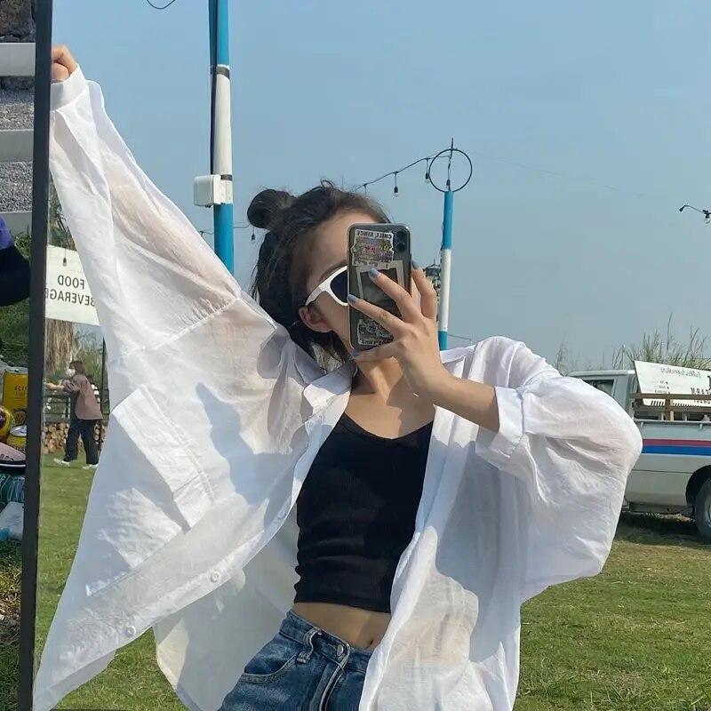 

Новая летняя тонкая солнцезащитная рубашка с большим карманом, женская блузка в стиле оверсайз, корейское однотонное свободное пальто Blusas onesize