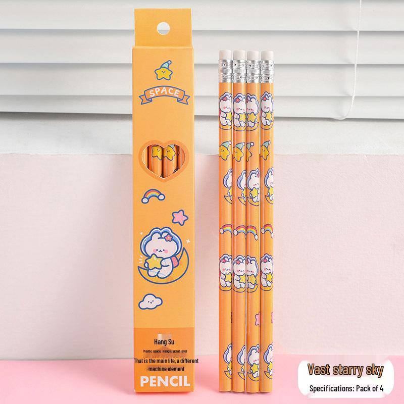 Cartoon Astronaut Pencil Set with Erasers - 4-Piece Kids' Drawing and Writing Stationery