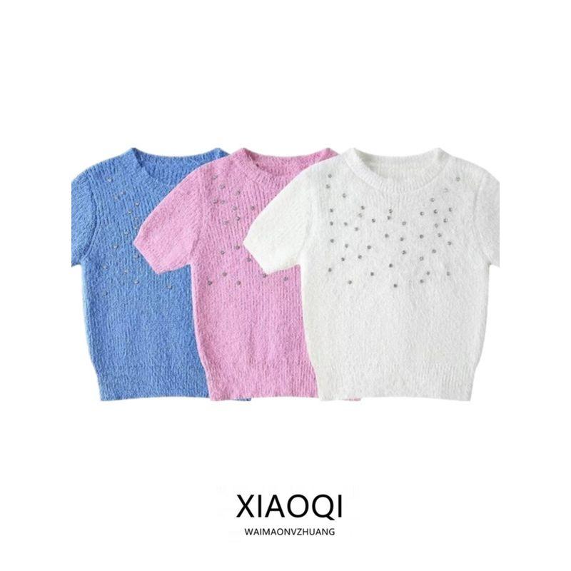 Fashion Style 2024 Women's Spring Clothing Jewelry Artificial Fur round Neck Short Sleeve Knitwear 7901339 712