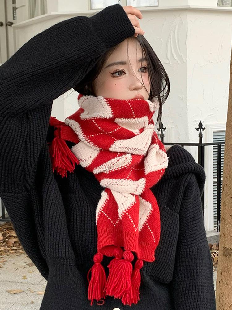 Neuer gestrickter süßer Schal Kopftuch Winter Damen Preppy kariert Warmer Schal Pashmina Mujer Femme Foulard Weihnachts-Wickeltuch Schal