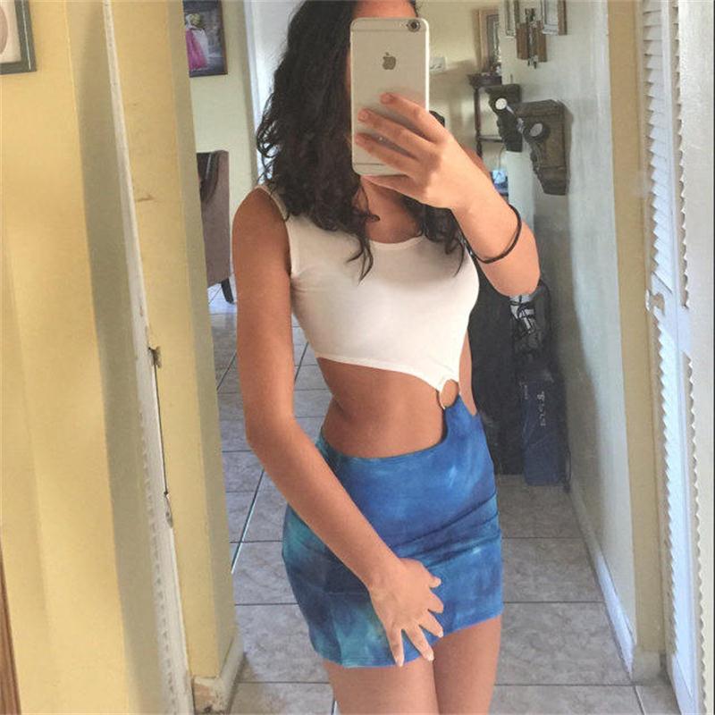 European & American Women s Printed Round Neck Sleeveless Cut-Out Waist Dress 8957 Large