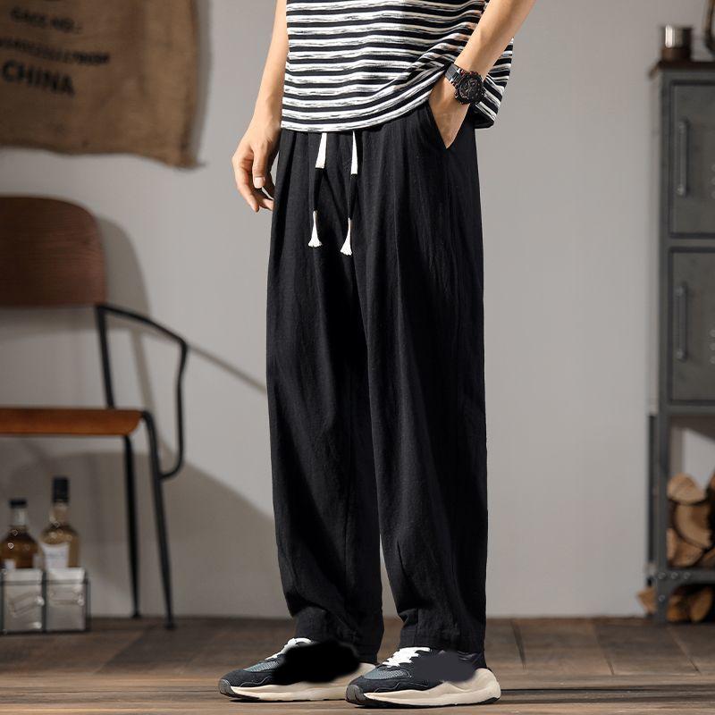 Apenese Cotton Linen Pants Men Summer Straight Casual Ice Silk Sweatpants Male Wide Leg Oversize Linen Trousers