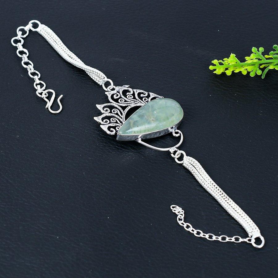Natural Prehnite Gemstone Handmade 925 Sterling Silver Bracelet 7-8" y0H07