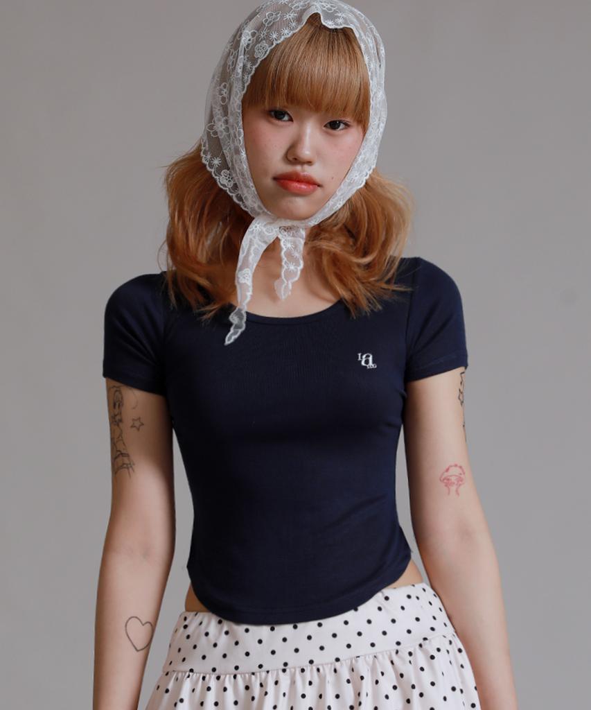 LIKE THE MOST U-Neck Round Cut Half T-Shirt_Navy
