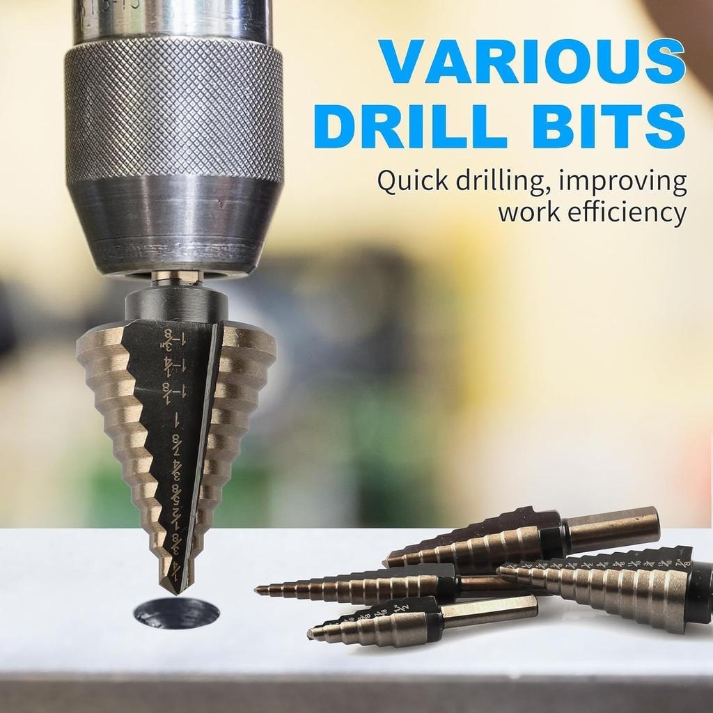 5 Pack Step Drill Bit & 5 Pack Countersink Drill Bit Set, Titanium Coated, 50 Sizes of Step Bit for Metal with Aluminum Case