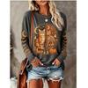 Women Halloween Long Sleeve T‑Shirt Black Cat Skeleton Moon Star Pumpkin Gothic Print Crew Neck Tops