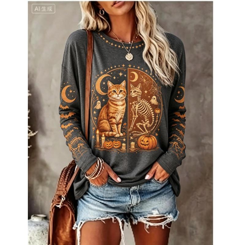 Women Halloween Long Sleeve T‑Shirt Black Cat Skeleton Moon Star Pumpkin Gothic Print Crew Neck Tops