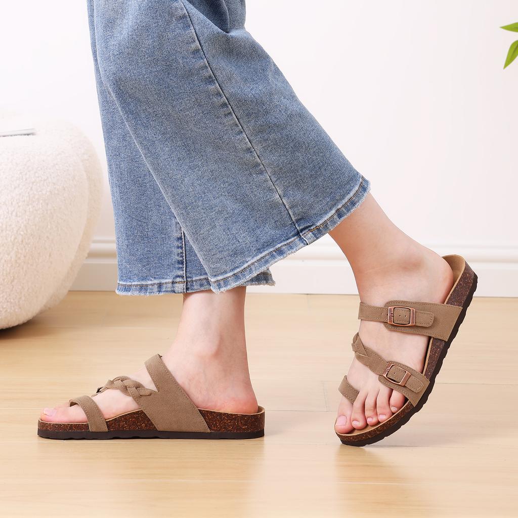 Fashion Crestar Fashion Flat Clogs Sandals For Women Open Toe Cork Sole Slipper With Double Buckle Lady Thick Soles Casual Beach Slipper