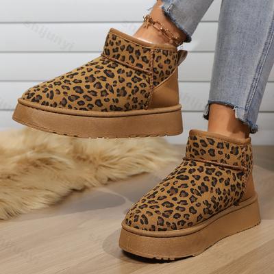 Moda Estampa de Leopardo Camurça Botas de Neve Mulher Plataforma Botins 2024 Inverno Novo Pelúcia Espessa Quente Sapato de Algodão Bota de Cano Curto Feminina