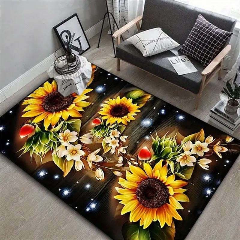 Black Background Sunflower Print Large Rug Soft Living Room Carpet Wear-resistant Floor Mat Sofa Bedroom Home Easy Clean Decor