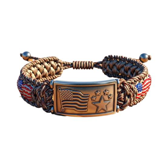 Patriotic American Flag Bracelet Engraved Metal Centerpiece Adjustable Knot Design Wristband Patriotic Accessory