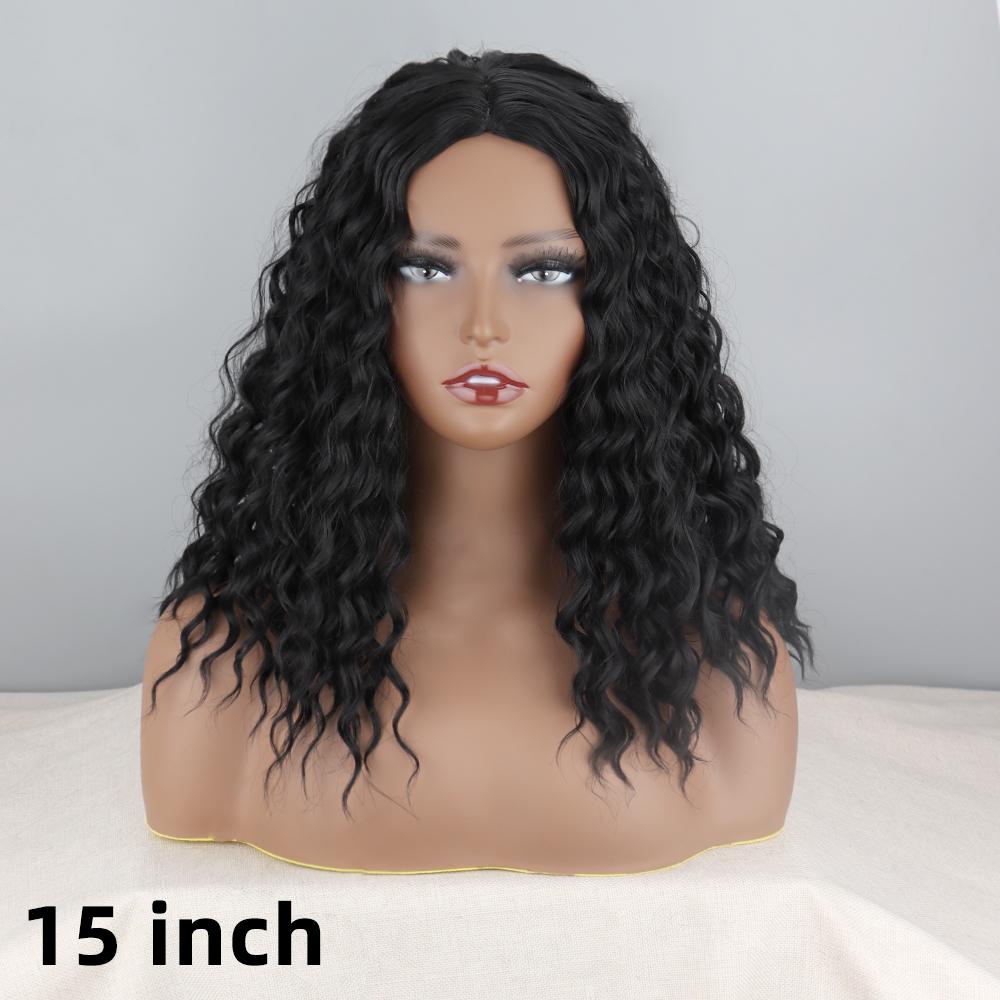 XINRAN Afro Dames Mode Schouderlengte Kinky Krullend Natuurlijk Zwart Pruik Zonder Pony Synthetische Vezel Diep Krullend Zwart Pruik