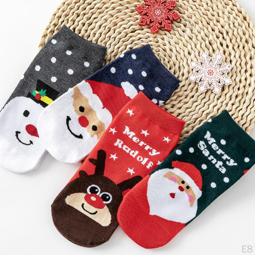4 Pairs Breathable Fashion Ankle Socks Holiday Chrismas Short Sock Snowman Elk Pattern Low Crew