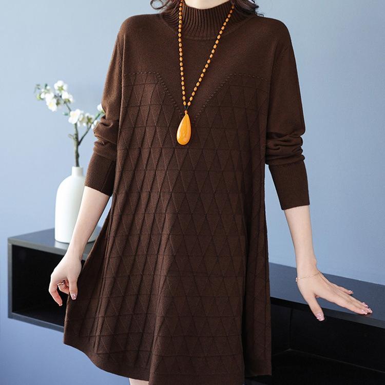 Half Turtleneck Knitted Dress for Women In Autumn and Winter Long-sleeved Mid-length Sweater Loose and Casual Pullover