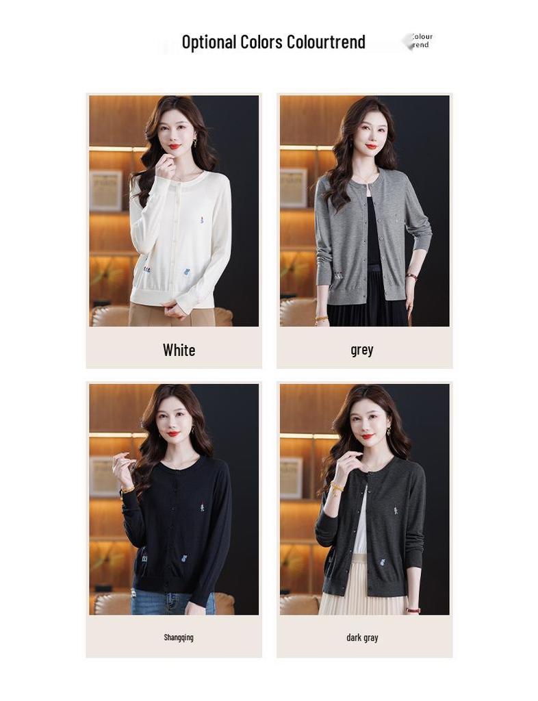 Mulberry Silk Wool Three-Dimensional Embroidery Round Neck Women's Casual Knit Cardigan