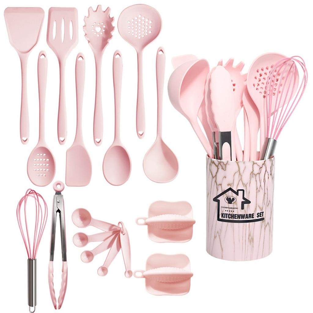 18pcs Silicone Kitchen Utensils Set with Holder Measuring Spoons Oven Mitts Nonstick Cooking Utensils Kitchen Gadgets