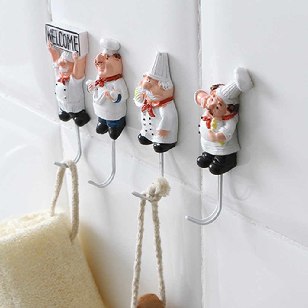 4pcs Cartoon Chef Stainless Sticky Hook Clothes Coat Hat Hanger Kitchen Bathroom Rustproof Towel Hooks