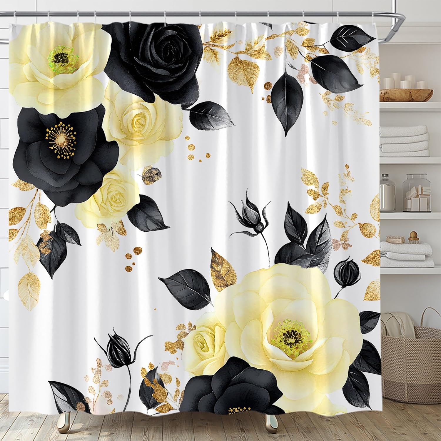 

Pink and Black Flower Shower Curtain Black and Gold Leaf Vintage Rose Watercolor Floral Modern Aesthetic Palnt Bathroom Curtain 90x180CM