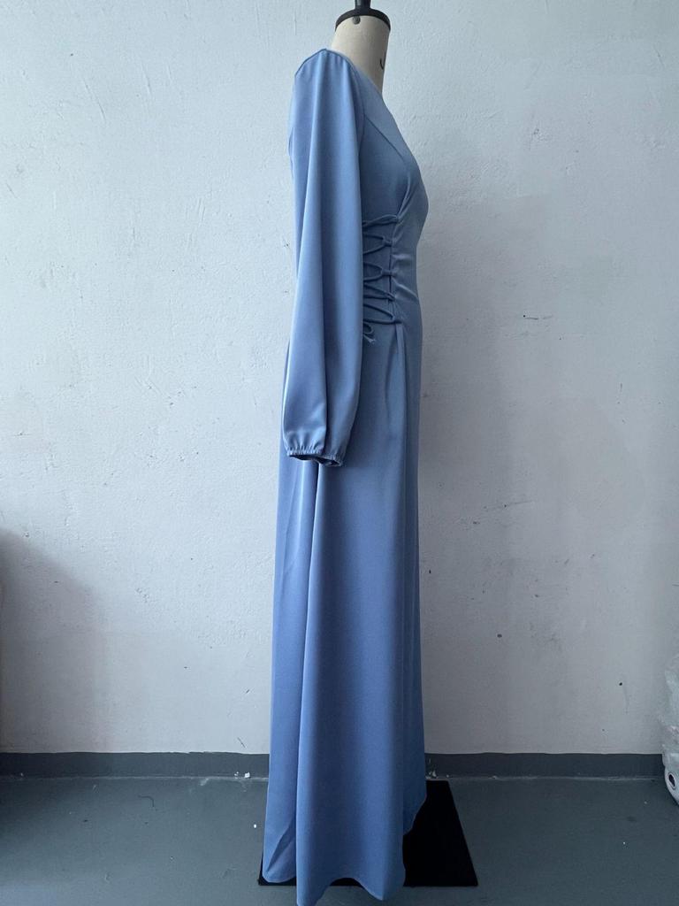 2024 Spring European & American Lace-Up Waist Puff Sleeve Long Dress