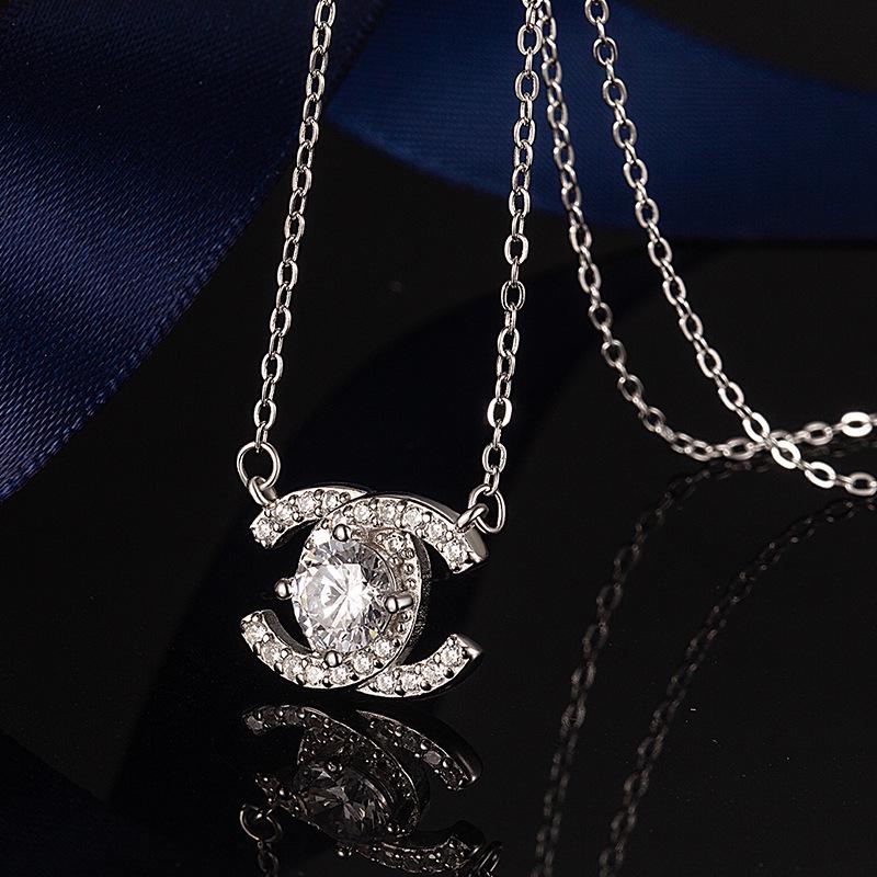 Damen Doppel-C Sterling Silber Moissanit Halskette, S925, D-Farbe, 1 Karat, Duft-Stil