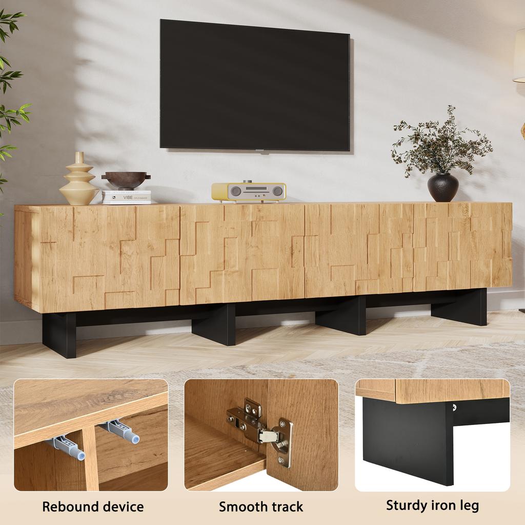 TV cabinet, TV board for TVs up to 75 inches, with lots of storage space, with 4 waffle-grid cabinet doors, natural wood color, 180×38.5×45cm
