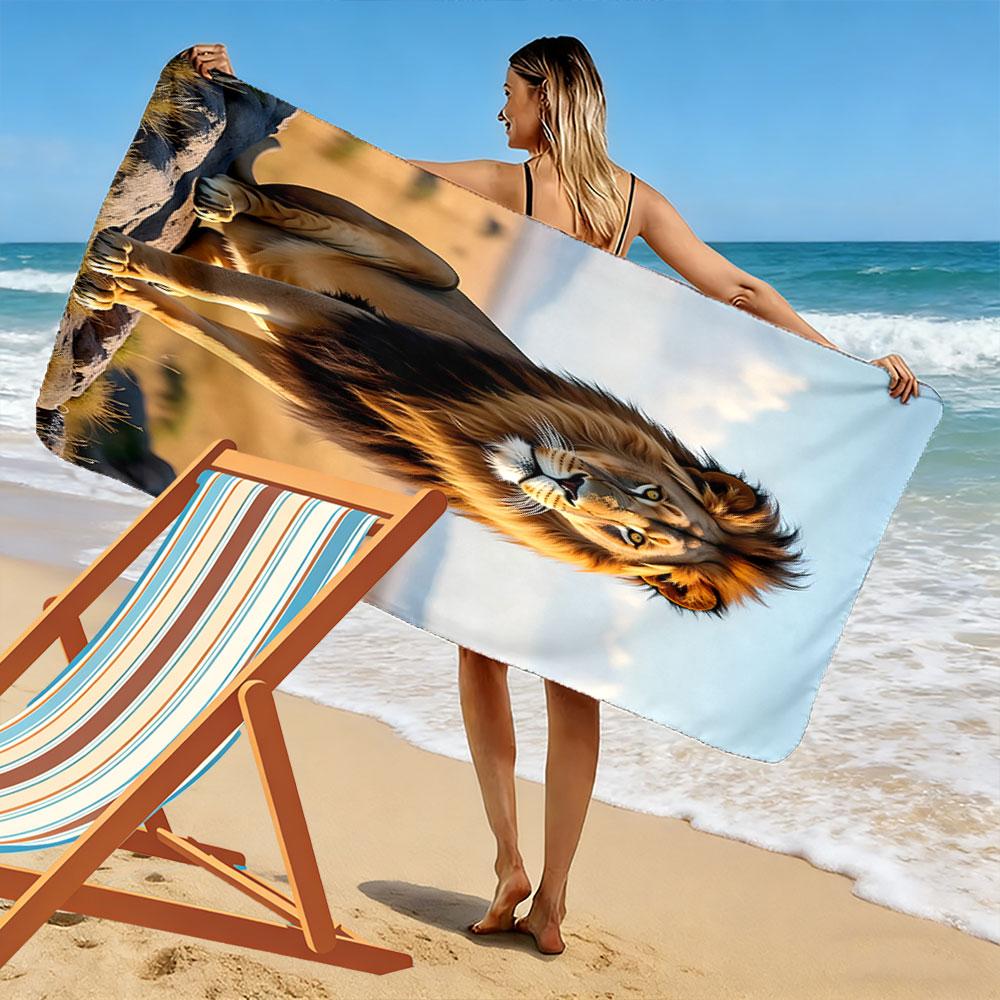 "Majestic Lion On African Savannah" Patterned Beach Towel Quick Dry Perfect for Travel Outdoor Sports Jogging the Beach and Swimming