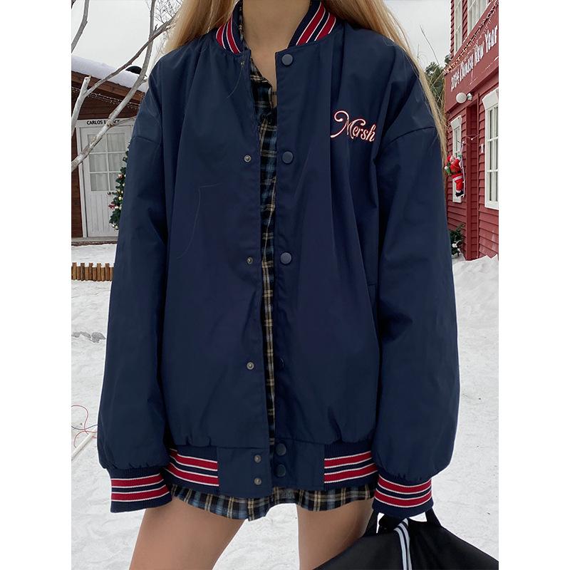 Women's 2023 Oversize Black Retro Baseball Jacket for Spring and Autumn