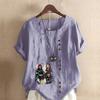 Damnytt mode linneskjorta rund hals kortärmad tecknade figurer tryckt t-shirt sommar damer vardaglig plusstorlek blus toppar