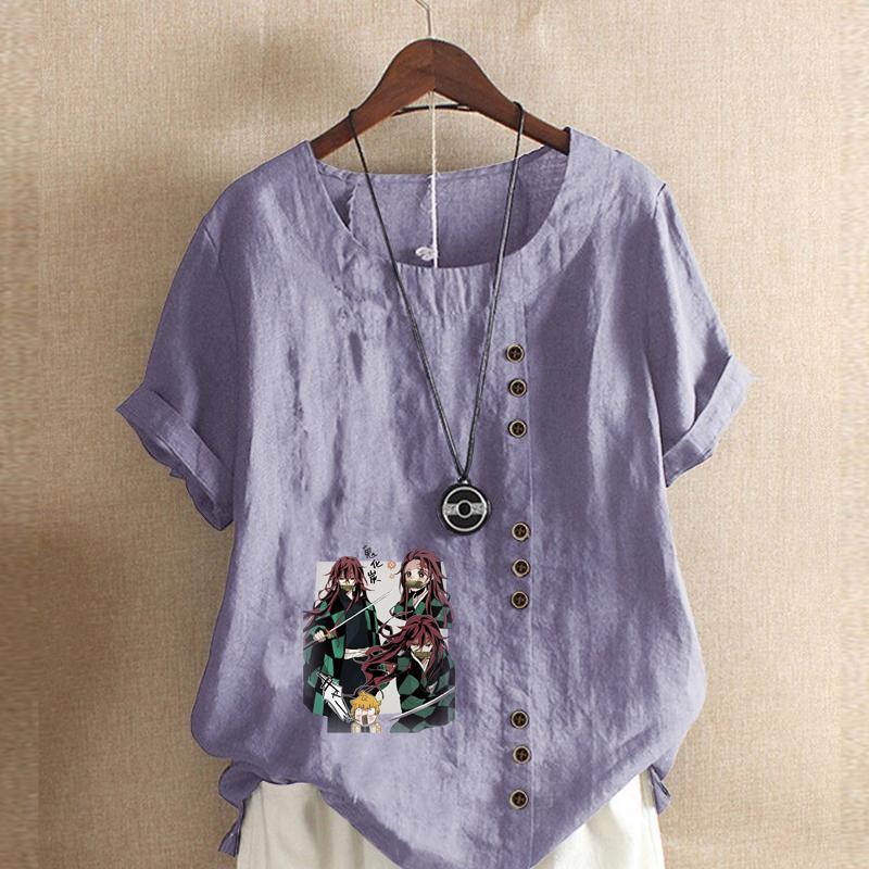 Damnytt mode linneskjorta rund hals kortärmad tecknade figurer tryckt t-shirt sommar damer vardaglig plusstorlek blus toppar