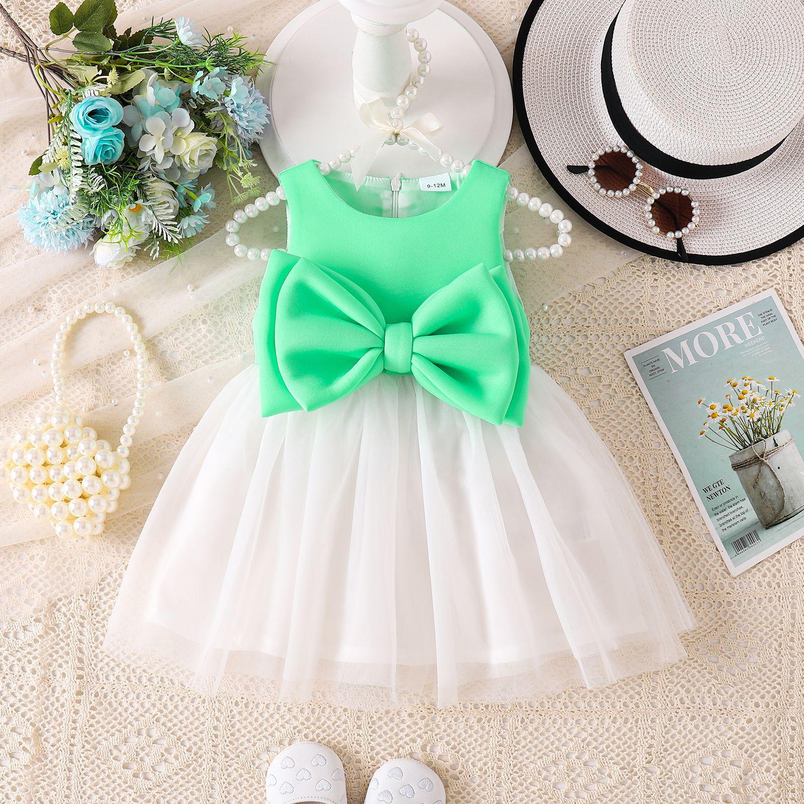 Girls Summer Bow Sleeveless Solid Color Stitching Mesh Princess Dress Dress 2-3Y зелёный