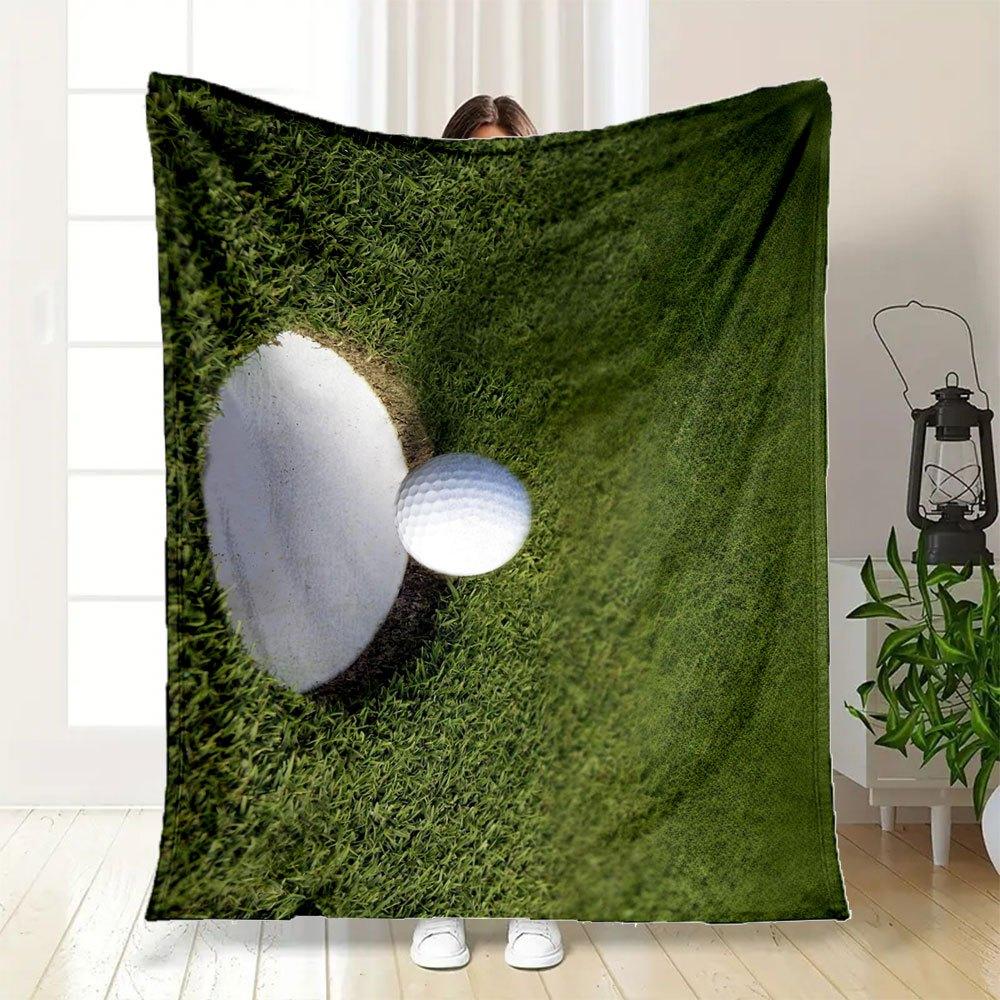 Golf Ball in Hole on Green Grass - Sports Photography PrintBlanket Flannel Throw Blanket for Sofa, Bed, Travel, Camping, Office, Couch, Chai