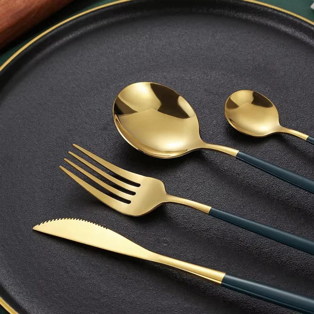 4Pcs Stainless Steel Cutlery Set - Golden Design Steak Knife Fork Spoon Coffee Spoon for Wedding Restaurant Home Durable Elegant
