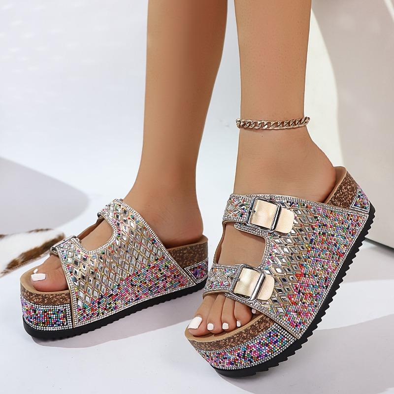 Thick-soled Rhinestone European and American Sandals 2025 Summer Plus Size Belt Buckle Soft-soled Flip-flops Women