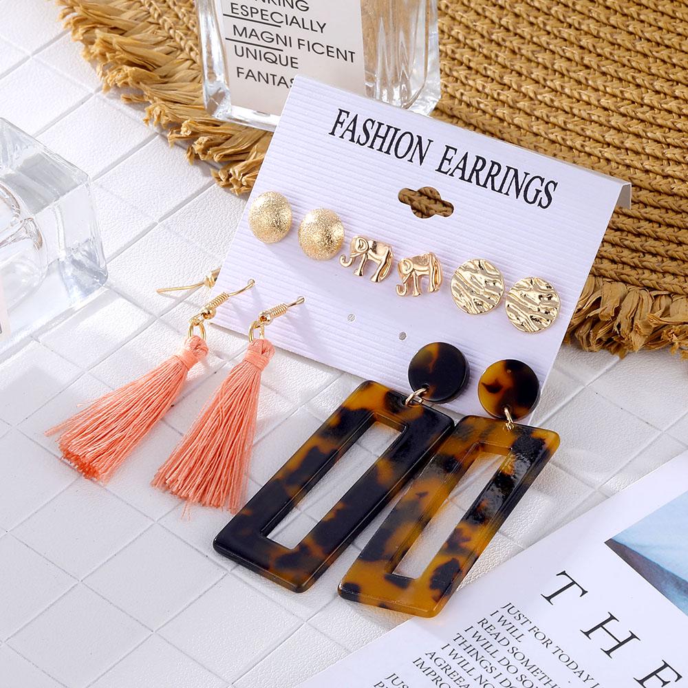 Modische Acrylharz Leopardenmuster Übertriebene Hängeohrringe Quasten Ohrstecker Set für Damen Trendiger Schmuck