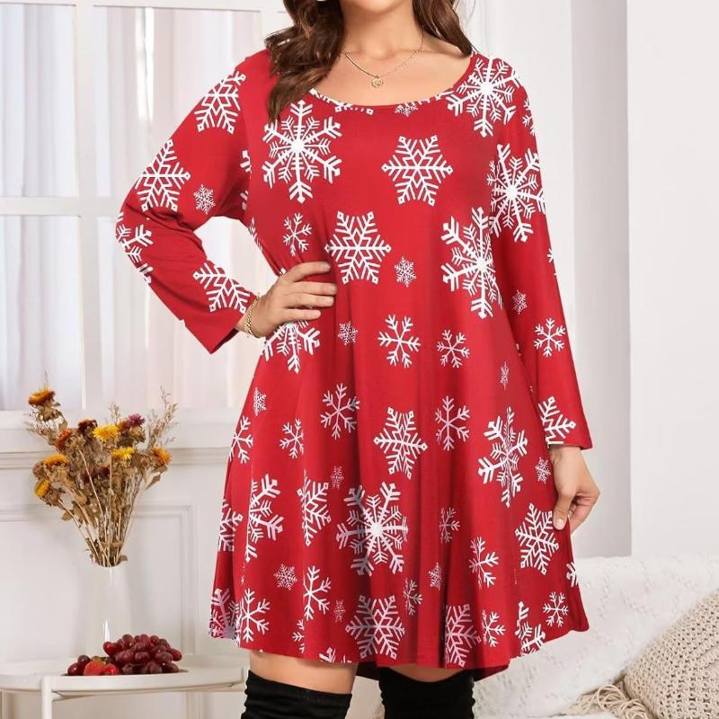 Women's Fashion Christmas Print Midi Sleeve Plus Size Dresses